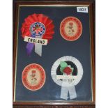 World Cup 1966. Mounted display of two England rosettes and two Watney Mann World Cup Ale beer