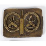 Cricket belt buckle. An attractive Victorian brass buckle with impressed image of a cricket bat to