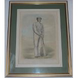 'Fuller Pilch'. Early large hand coloured tinted lithograph of Fuller Pilch in cricket attire and