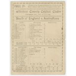 South of England v Australians 1890. Official scorecard for the tour match played at The Oval on the