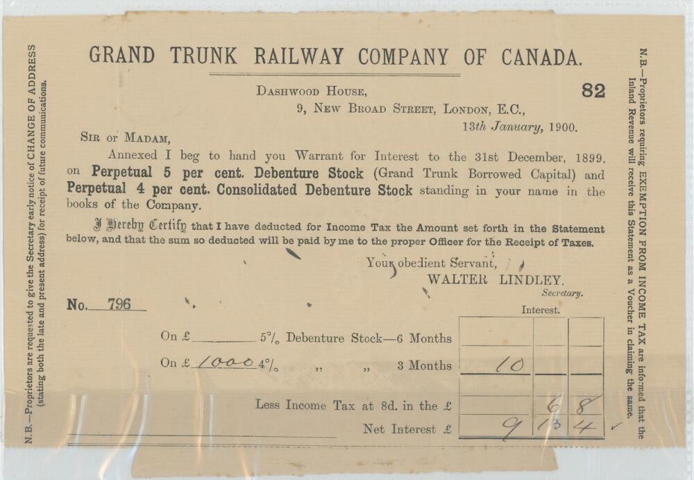 George Bainbridge Barrington. Derbyshire 1880-1887. Original stock dividend Warrant for Interest no.