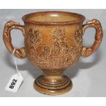 'T. Emmett. The Celebrated All England Bowler'. Large ceramic two handled loving cup with