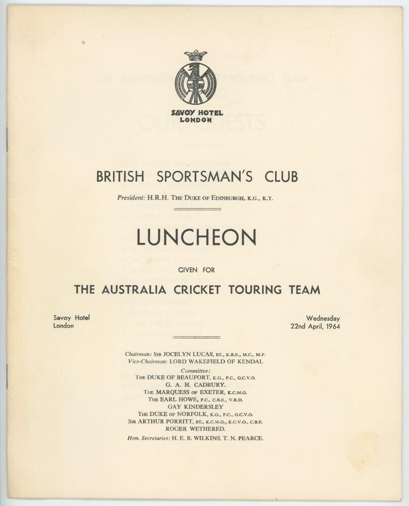 Australia Tour to England 1964. Official twelve page list of attendees and table plan for the