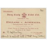 The Ashes. England v Australia 1926. Official complimentary ticket valid for all days play of the
