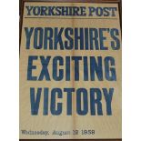 Yorkshire C.C.C. 1959. Original newspaper poster for the Yorkshire Post announcing 'Yorkshire's