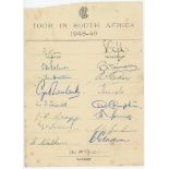M.C.C. tour of South Africa 1948/49. Official autograph sheet fully signed in ink by all seventeen