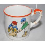 Beatrice Mallett. A small child's mug printed with colour figures of two boys in caps playing