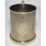 'Throwing the Cricket Ball 1869'. Silver plated tankard with glass star shape engraved base. The