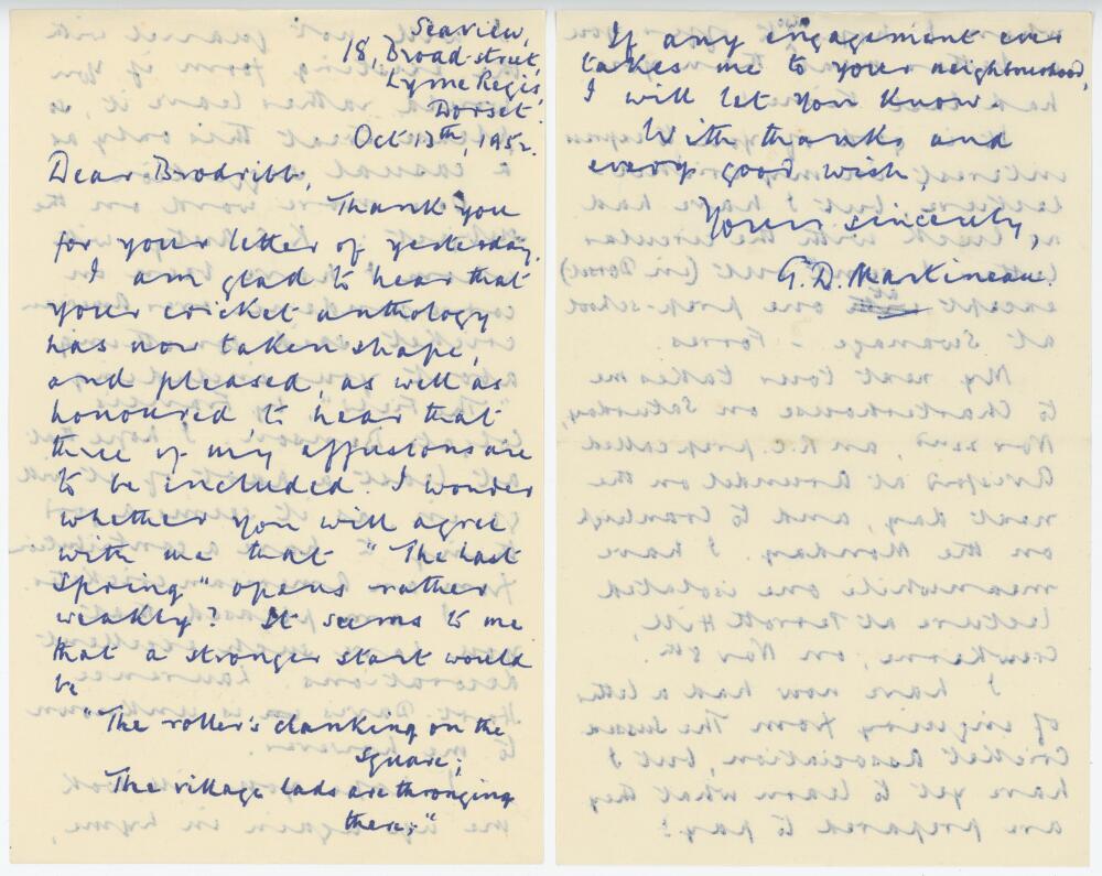 G.D. Martineau. Cricket writer. Four page handwritten letter in ink dated 13th October 1952 from