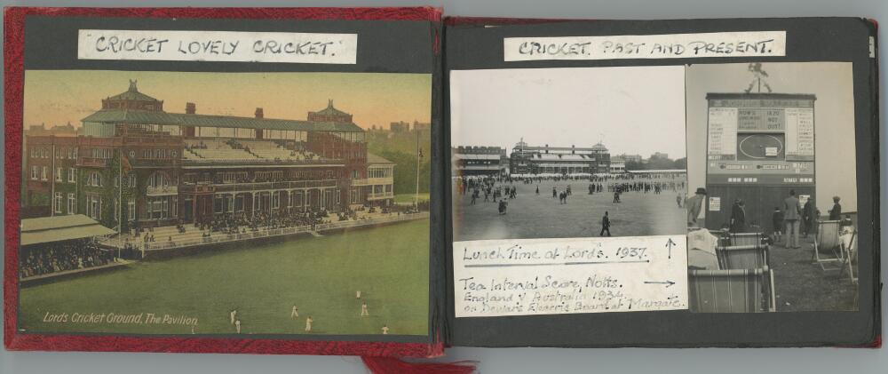 'Cricket Past and Present'. Cricket in England 1860s-1950s. A nicely compiled small red photograph