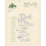 Australia tour of the West Indies 1973. Official autograph sheet fully signed in ink by all
