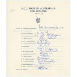 M.C.C. tour of Australia & New Zealand 1970/71. Official autograph sheet for the tour. Fully