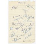 West Indies tour to England 1957. Ruled page signed in ink by seventeen members of the West Indies