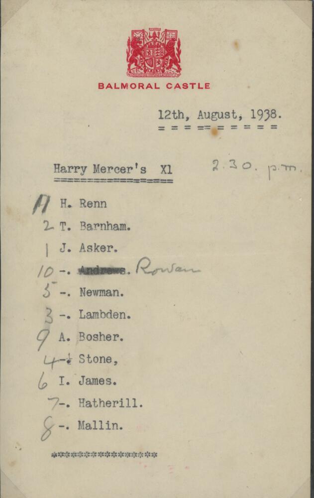 Royal Household Cricket at Balmoral 1938. Two typed team sheets on Balmoral Castle letterhead for '