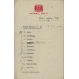 Royal Household Cricket at Balmoral 1938. Two typed team sheets on Balmoral Castle letterhead for '