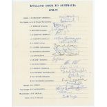 England tour to Australia 1978-1979. Official autograph sheet for the tour. Signed in ink by all