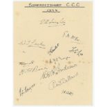 Somerset C.C.C. 1939. Large album page very nicely signed in ink by twelve Somerset players.