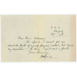 John Lindsay Guise. Middlesex & Oxford University 1922-1934. Single page handwritten note in ink