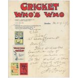 H.V. Dorey. Editor of 'Cricket Who's Who'. Single page handwritten letter in ink from Dorey to the