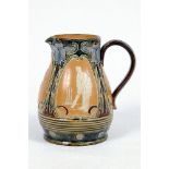 Cricketing jug. Large Doulton Lambeth stoneware jug of bulbous form, moulded in relief with