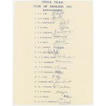 India tour to England 1959. Official autograph sheet signed in ink by all nineteen members of the