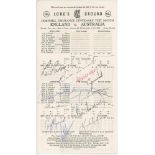 The Ashes. England v Australia Centenary Test Match 1980. Official scorecard printed at the start of