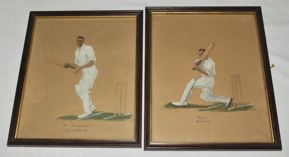 Surrey cricketers 1922/24. Four original watercolour paintings of four Surrey cricketers, Alfred