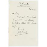 John Daniell. Somerset & Cambridge University 1898-1927. Short one page handwritten letter to