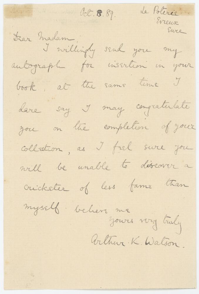Arthur Kenelm Watson. Oxford University & Middlesex 1886-1894. Single page handwritten letter in ink