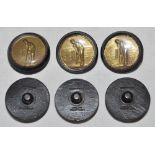 Gilt cricket buttons. Six cricket button, each with figure of a batsman and stumps to centre,