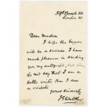 James George Walker. Oxford University & Middlesex 1880-1890. Small single page letter handwritten