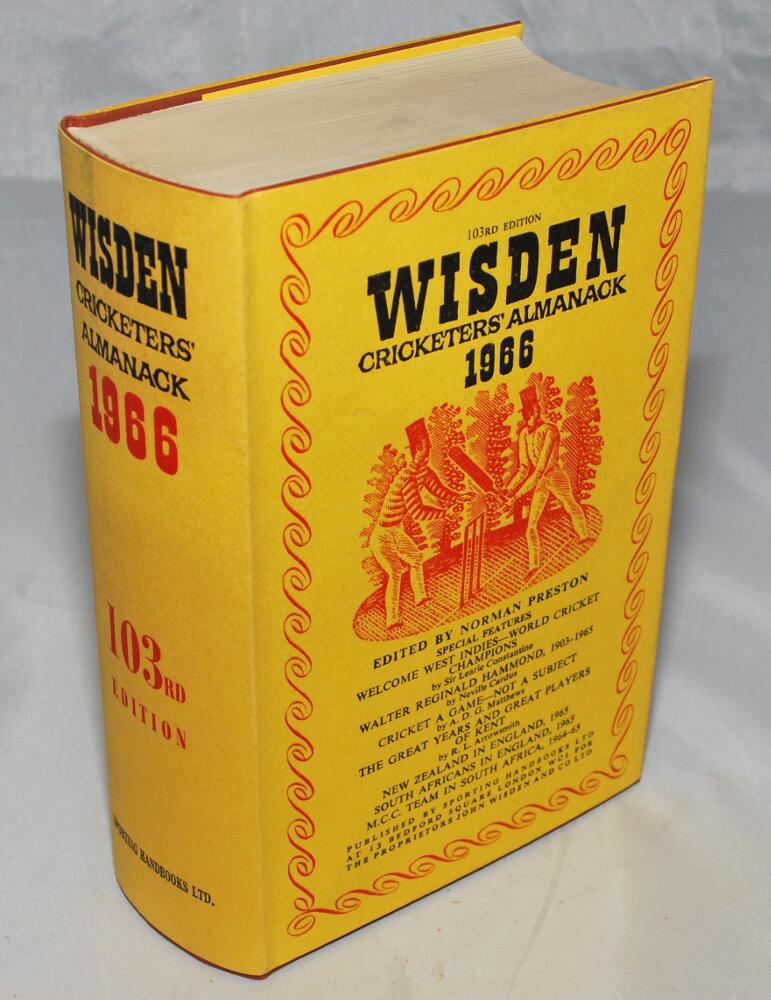 Wisden Cricketers' Almanack 1966. Original hardback with dustwrapper. Good/very good condition -