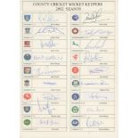 'County Cricket Wicket Keepers 2002 Season'. Printed sheet with colour emblems for each of the