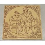Cricket tile. Large Minton tile decorated with cricket scene to face in brown and cream. From the '