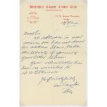 William Thomas Taylor. Derbyshire 1905-1910. Single page handwritten letter on Derbyshire C.C.C.