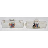 Crested cricket bags. One large crested china cricket bag with colour emblem for 'Bromley',