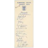 Hampshire C.C.C. 1960. Official autograph card dated May 1960. Signed in ink by fifteen members of