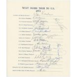 West Indies tour to England 1973. Official autograph sheet fully signed by the original eighteen