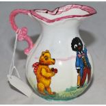 Cricket jug. An attractive hand painted jug by Joan Allen. The image features a teddy bear and a