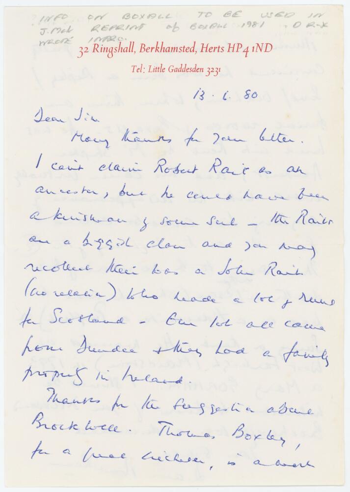 Diana Rait Kerr. Curator at Lord's 1945-1968. Two page handwritten letter dated 13th June 1980 to