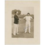 Don Bradman 1948. Excellent original sepia press photograph of Bradman and England Captain Norman