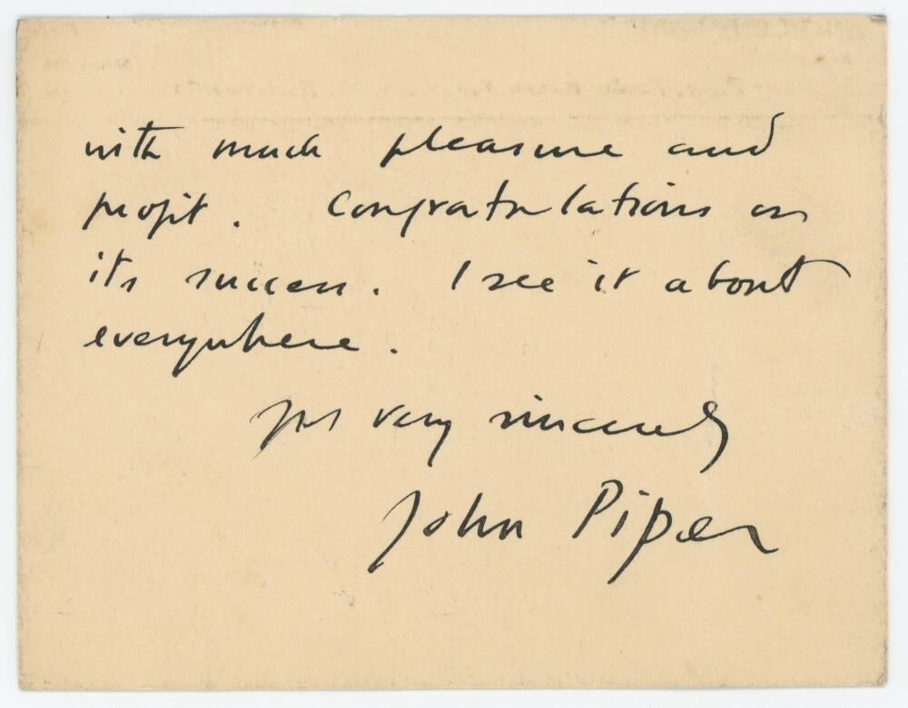 John Piper (1903-1992). Artist & print maker. Two sided hand written card from Piper to John Arlott,