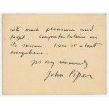 John Piper (1903-1992). Artist & print maker. Two sided hand written card from Piper to John Arlott,