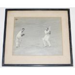 Don Bradman. Original mono press photograph of Bradman batting for Australia attempting a pull shot,