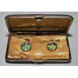 Victorian cricket cuff links. Pair of gold metal cuff links, each having a circular colour cameo