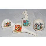 Golf. Four crested china golf ceramics. A golf ball with caddy, with golf bag and clubs to top,