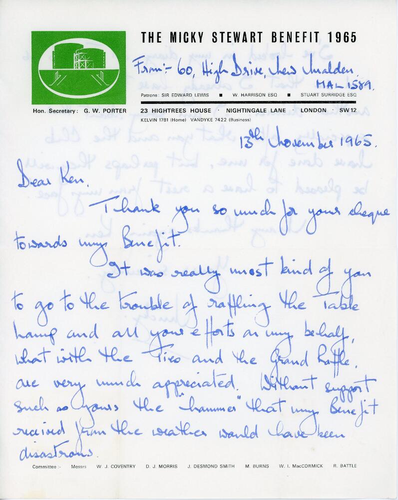 Micky Stewart Benefit 1965. Two page handwritten letter on Micky Stewart Benefit letterhead. The