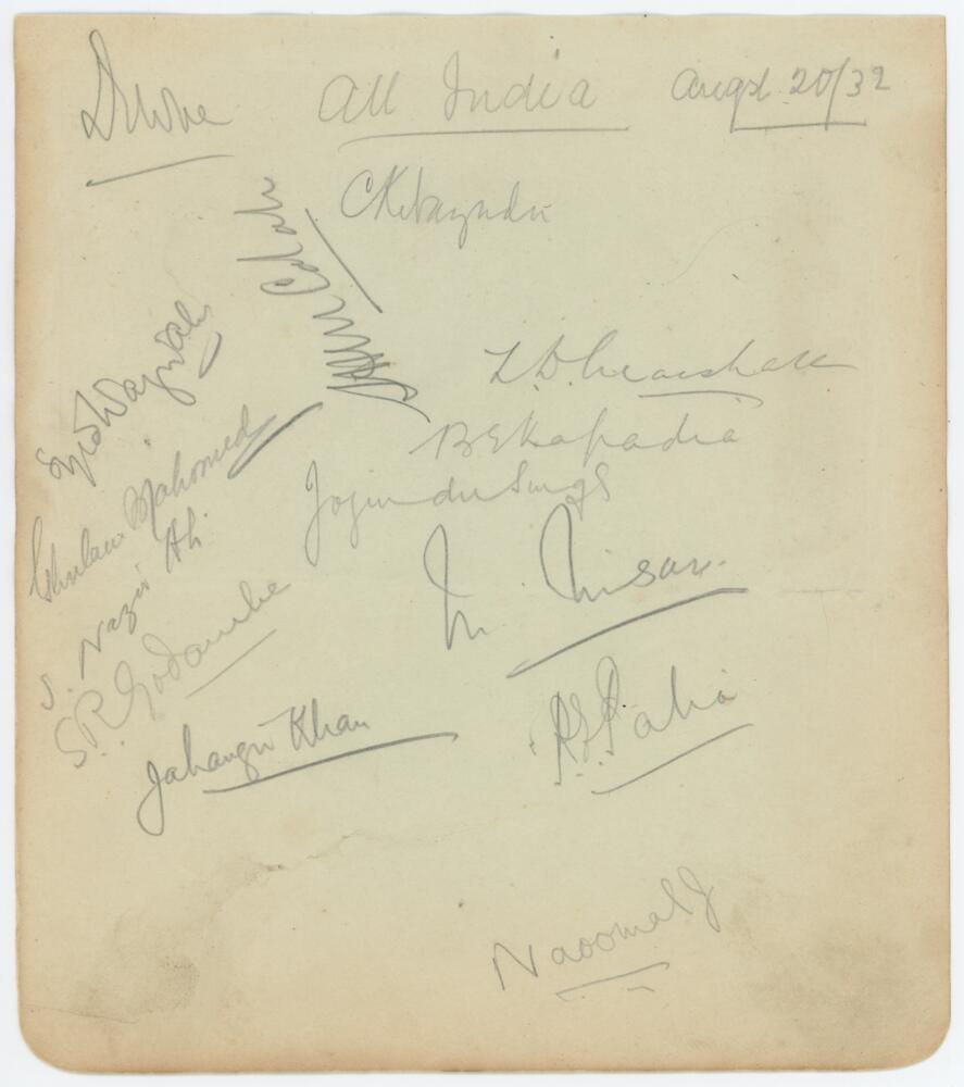 India tour to England 1932. Large album page signed in pencil by fourteen members of the India