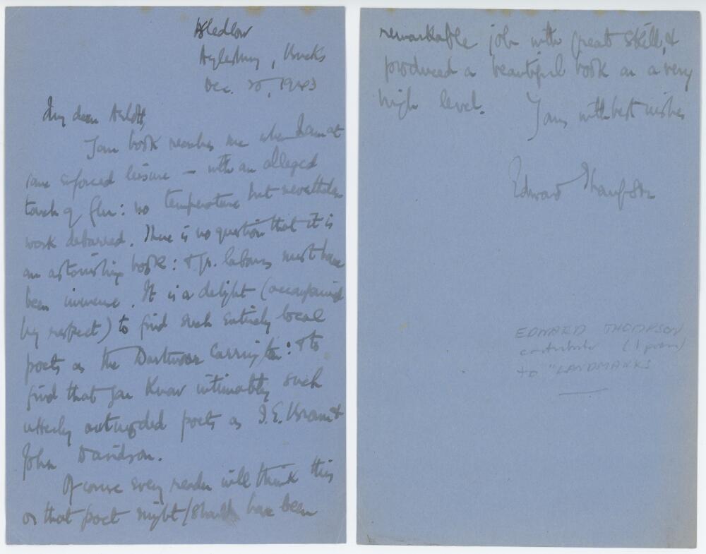 Edward John Thompson, novelist, historian and poet (1886-1946). Four page handwritten letter dated