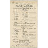 Australia tour to England 1938. Rare official scorecard for the final match of the tour, Ireland v